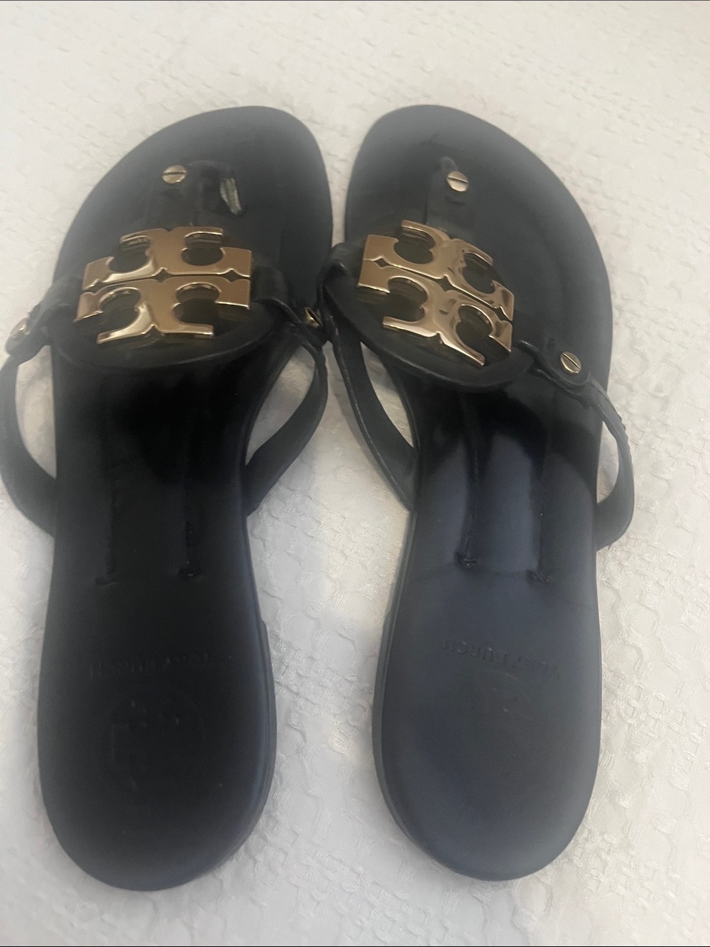 Tory Burch Black Sandals with Gold Logo Medallions